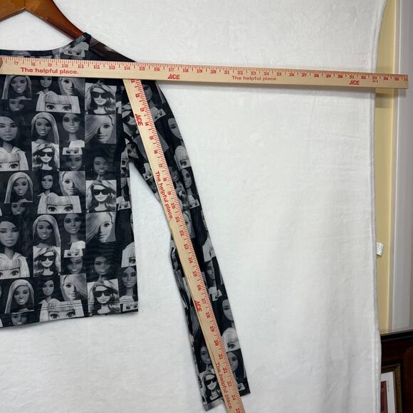 Barbie x Forever 21 Small Long Sleeve Top Sheer Mesh Doll Print Black Festival - Picture 11 of 13